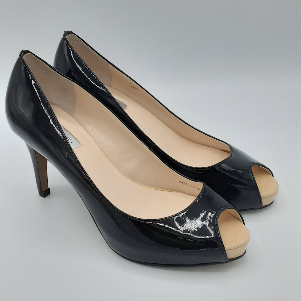 Tahari Regal Black Patent Leather Peep Toe Pump Heel.